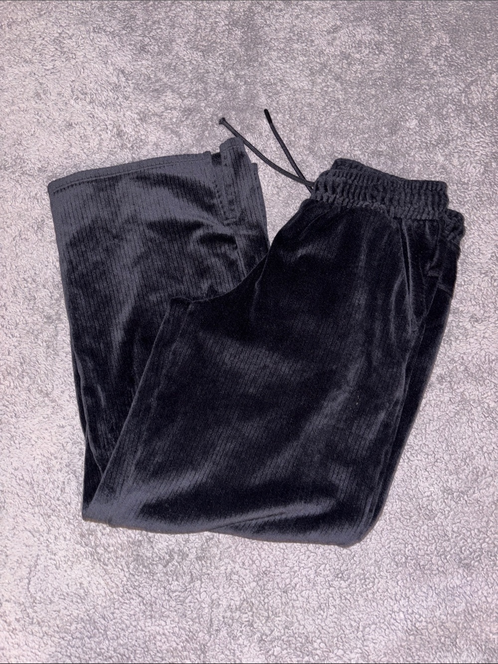 Girls Black Corduroy Ribbed Detail Wide Leg Drawstring Pants
